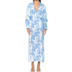 ALEXIA Admor Blue White 8 Women Deep V Neck Side Slits Flowy Tie Dye Maxi Dress